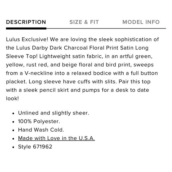 Lulus Darby‎ Floral Shirt Womens Small Dark Charcoal Satin Long Sleeve Going Out - Picture 5 of 11